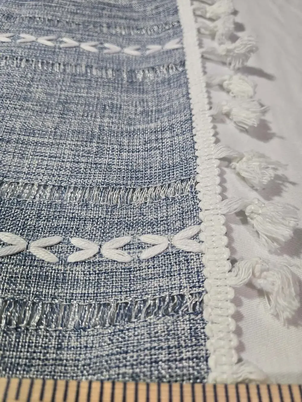 Home Decor Boho Table Runner Blue White Embroidered Tassels 14x24